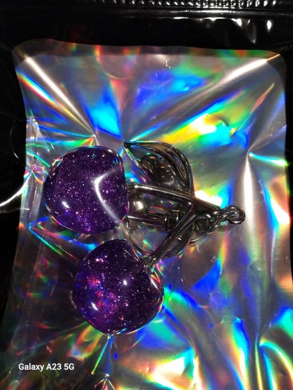 Unbranded Cherry Bag Charm/Keychain Purple Large Size Cherries Silver Hdwe New